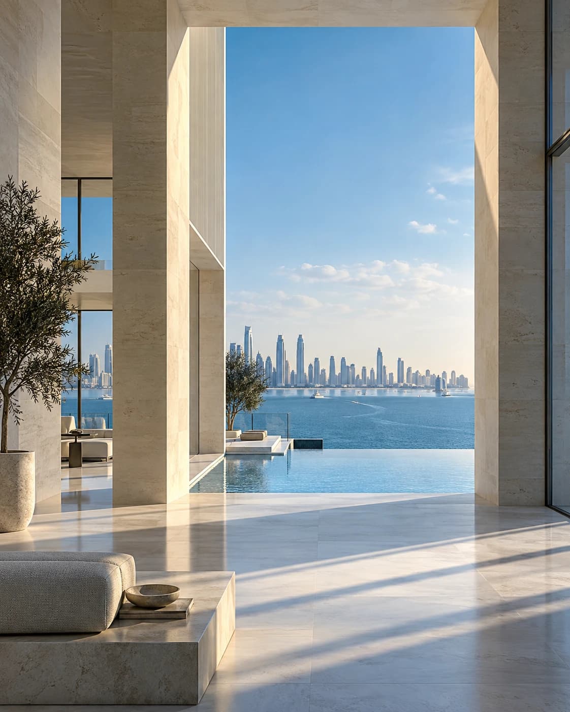 Lichtdurchflutete Architektur mit Blick auf das Wasser – Architekturvisualisierung